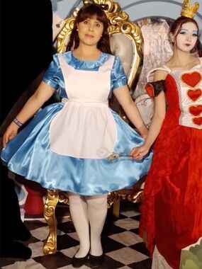 Alice in Wonderland Women’s Blue & White Dress Costume w/ White Apron Tie-Back